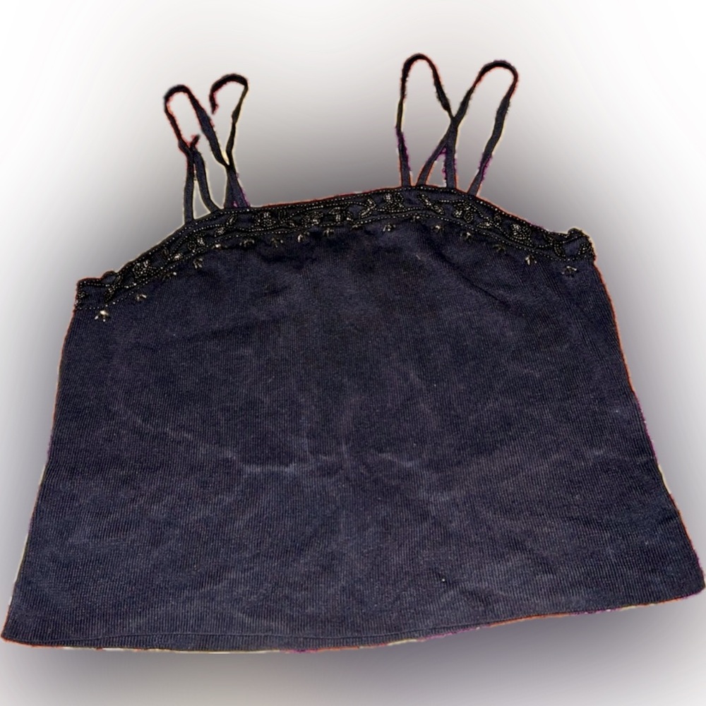 Ann Taylor 100% silk Black Beaded Spaghetti Strap Tank Top